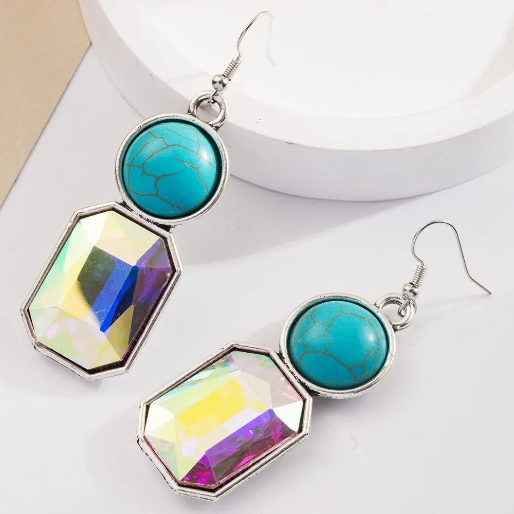 Wholesale Retro Geometric Creative Alloy Inlaid Turquoise Color Diamond Bohemian Earrings