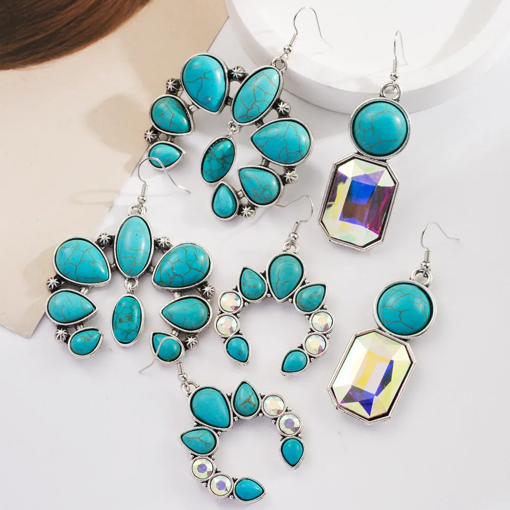Wholesale Retro Geometric Creative Alloy Inlaid Turquoise Color Diamond Bohemian Earrings