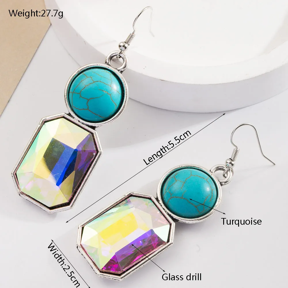 Wholesale Retro Geometric Creative Alloy Inlaid Turquoise Color Diamond Bohemian Earrings