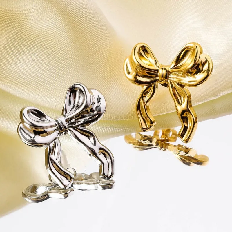Wholesale Retro Premium Double layered Bow Stainless Steel 18k Genuine Gold Plated Color Preserved Earrings