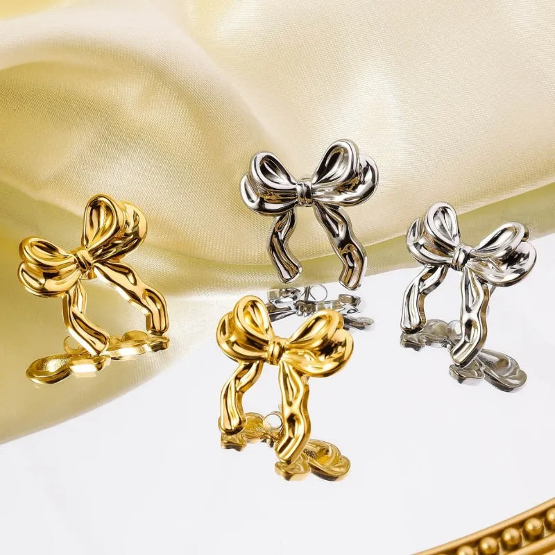 Wholesale Retro Premium Double layered Bow Stainless Steel 18k Genuine Gold Plated Color Preserved Earrings