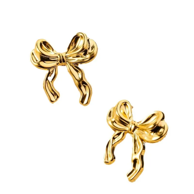 Wholesale Retro Premium Double layered Bow Stainless Steel 18k Genuine Gold Plated Color Preserved Earrings