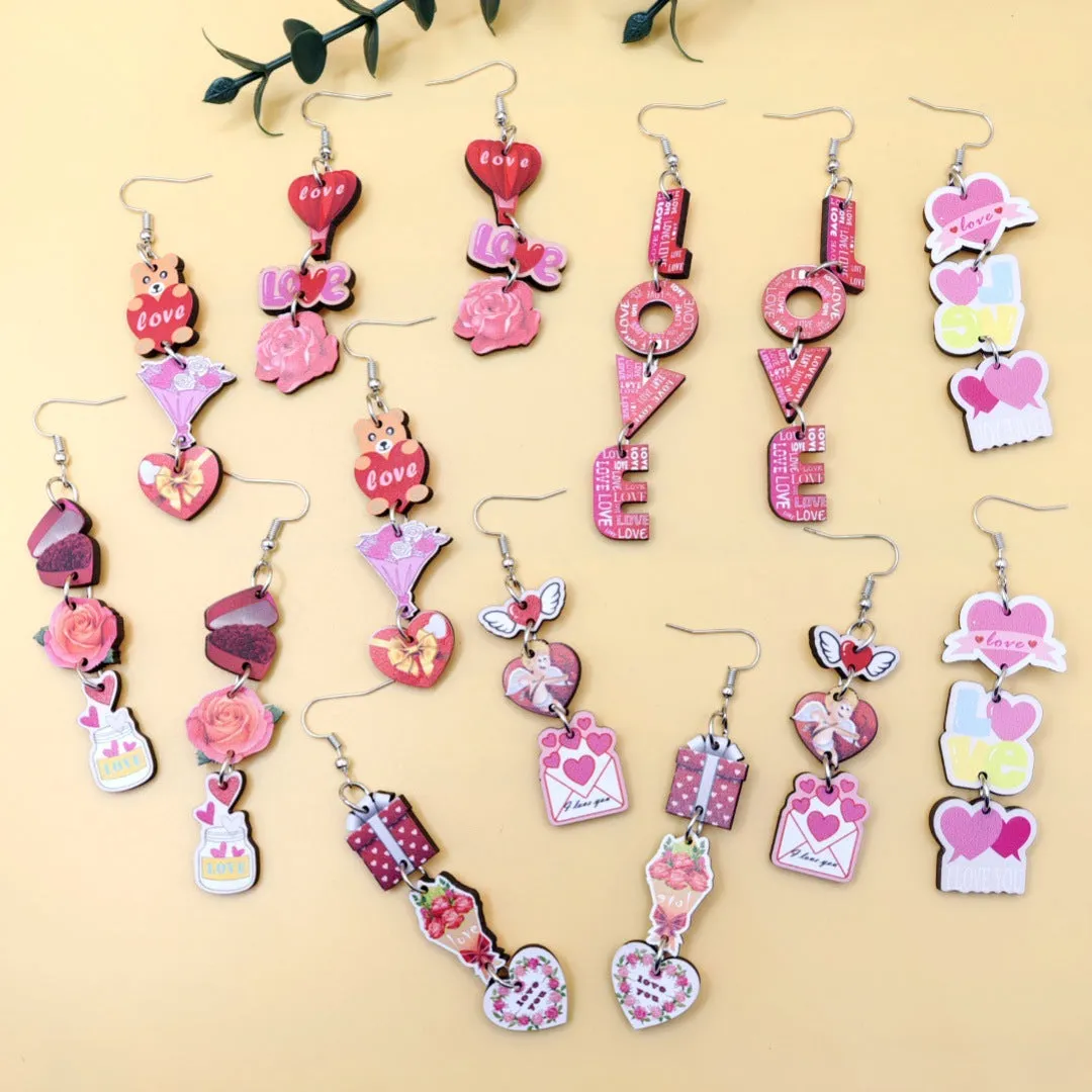Wholesale Romantic Valentine's Day Earrings Pink Love Rose LOVE Cupid Bear Simple Distinctive Earrings