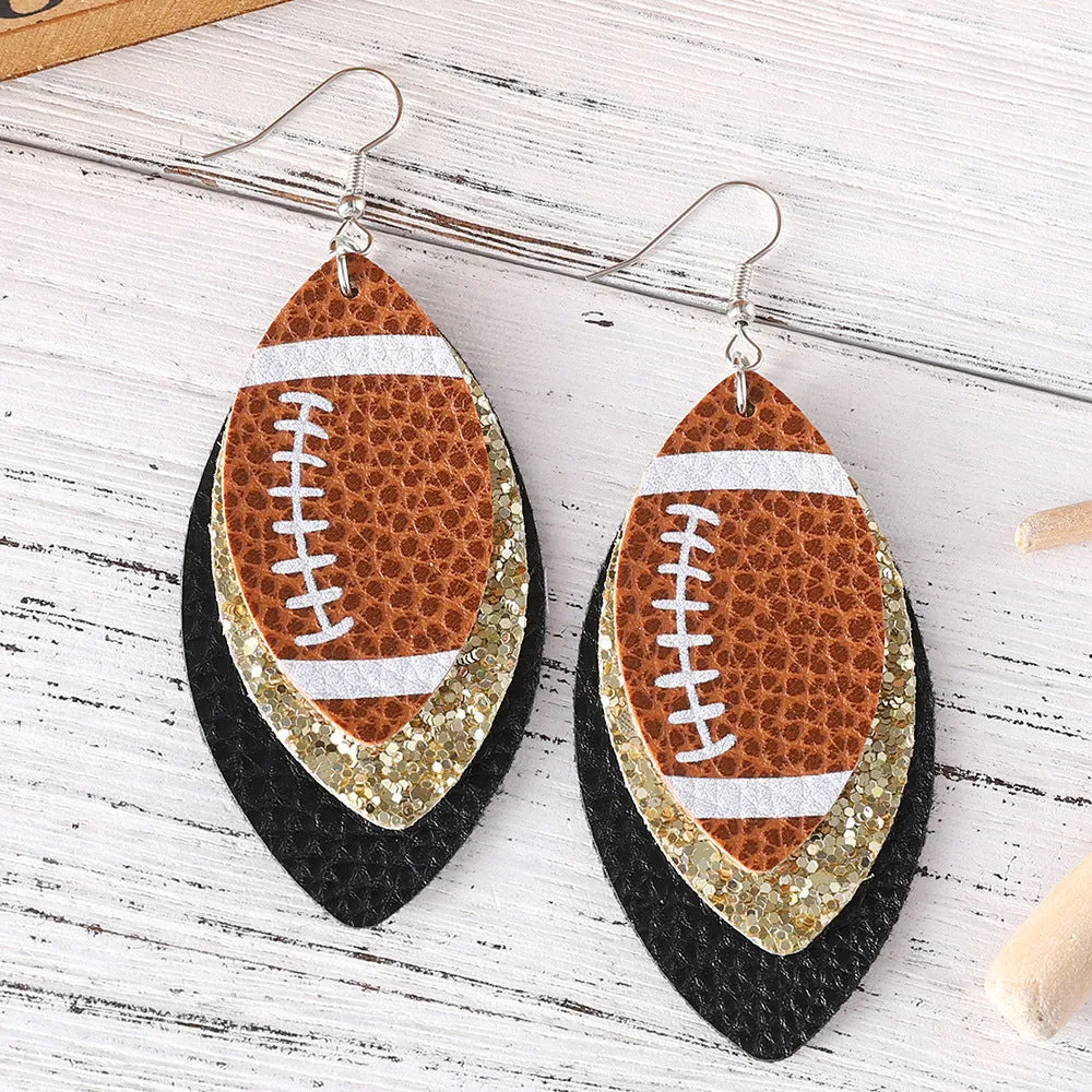 Wholesale Rugby Sequins Three-layer Leather Water Drop Pendant Earrings Sports Ear Jewelry