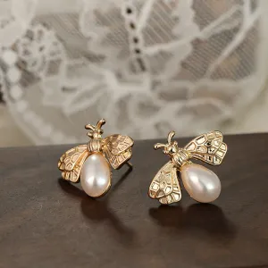 Wholesale S925 Silver Needle Small Bee Pearl Earrings
