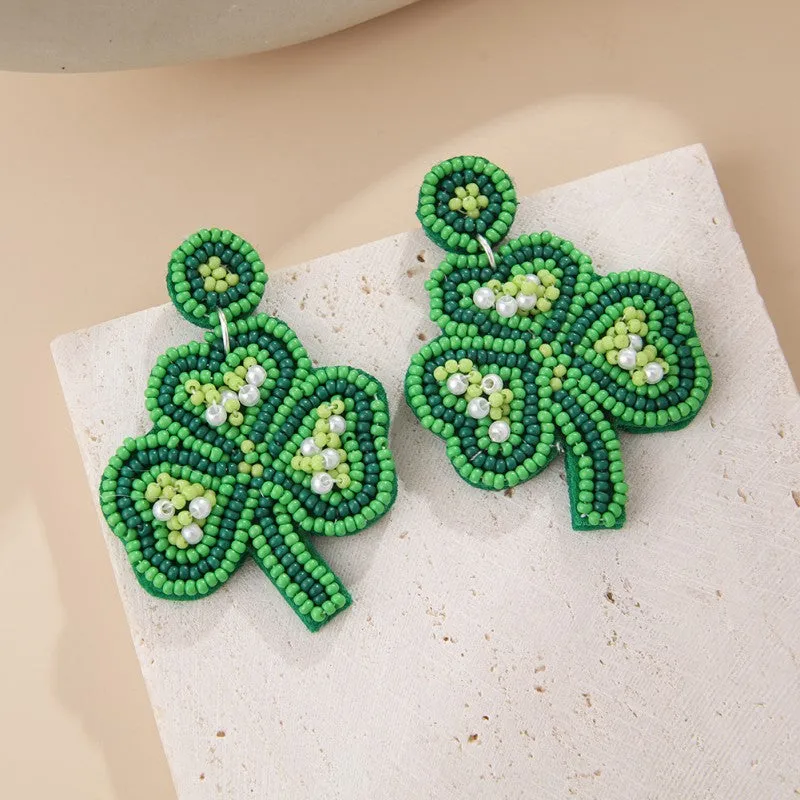 Wholesale San Pa Festival Clover Fabric Rice Bead Festival Hand-sewn Earrings