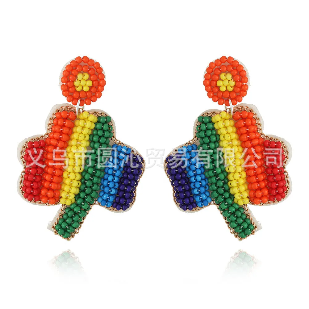 Wholesale San Pa Festival Clover Fabric Rice Bead Festival Hand-sewn Earrings