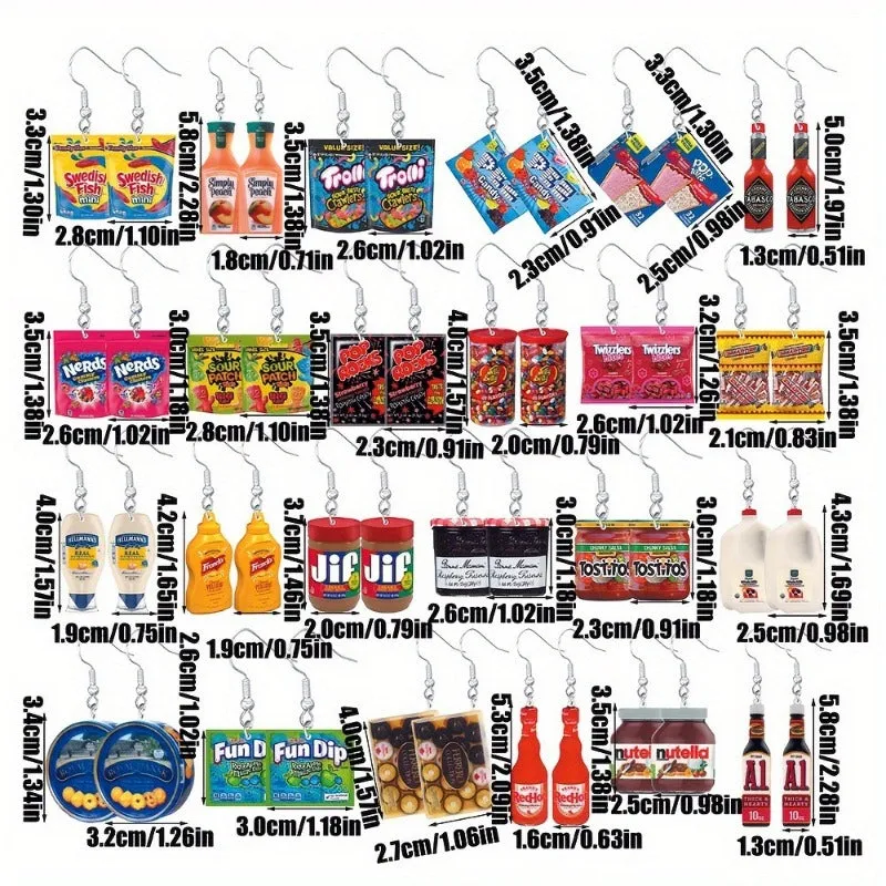 Wholesale Set of 24 Pairs of Snack and Condiment Inspired Set of Cute Acrylic Earrings