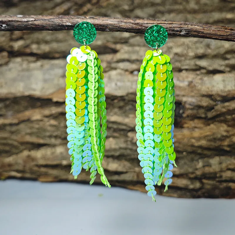 Wholesale Shiny Laser Green Sequin Round Tassel San Patrick Atmosphere Earrings