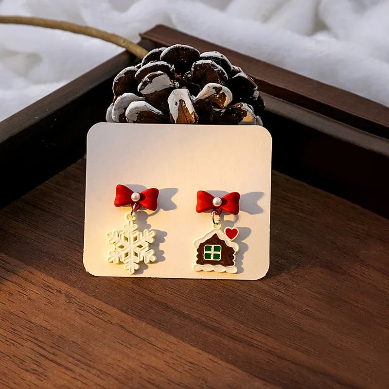 Wholesale Silver Needle Christmas Elk Bell Bow Santa Claus Love Snowflake Asymmetrical Earrings