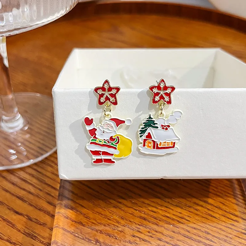 Wholesale Silver Needle Christmas Elk Bell Bow Santa Claus Love Snowflake Asymmetrical Earrings