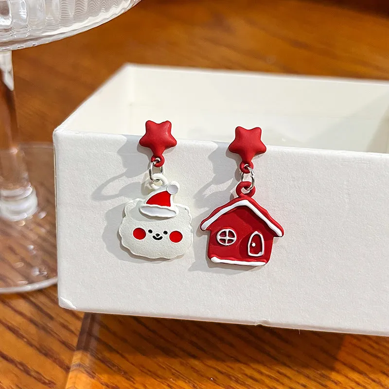 Wholesale Silver Needle Christmas Elk Bell Bow Santa Claus Love Snowflake Asymmetrical Earrings