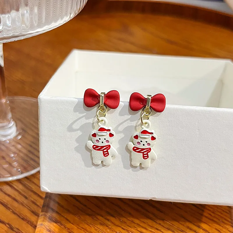 Wholesale Silver Needle Christmas Elk Bell Bow Santa Claus Love Snowflake Asymmetrical Earrings