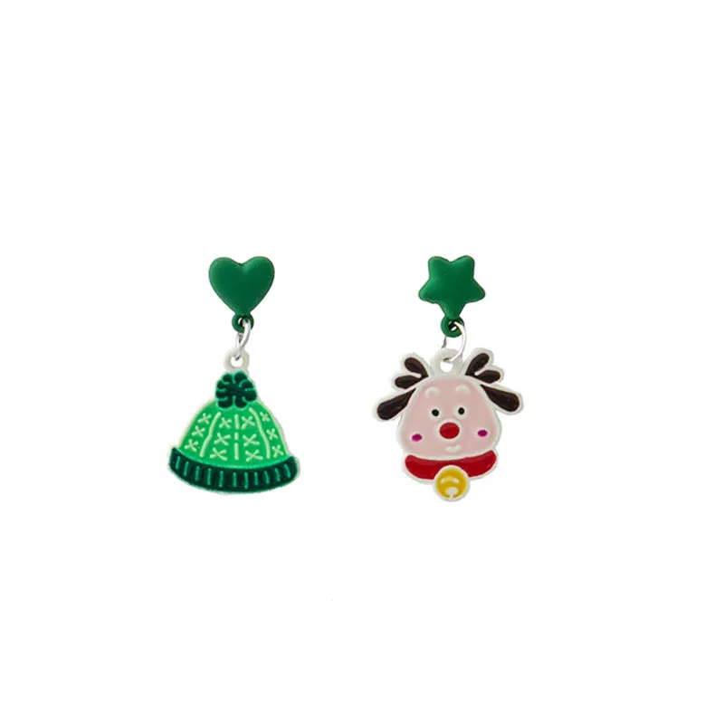 Wholesale Silver Needle Christmas Elk Bell Bow Santa Claus Love Snowflake Asymmetrical Earrings