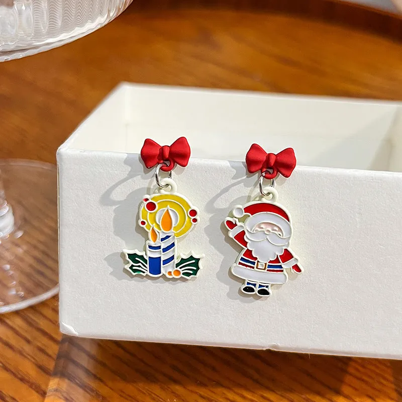 Wholesale Silver Needle Christmas Elk Bell Bow Santa Claus Love Snowflake Asymmetrical Earrings