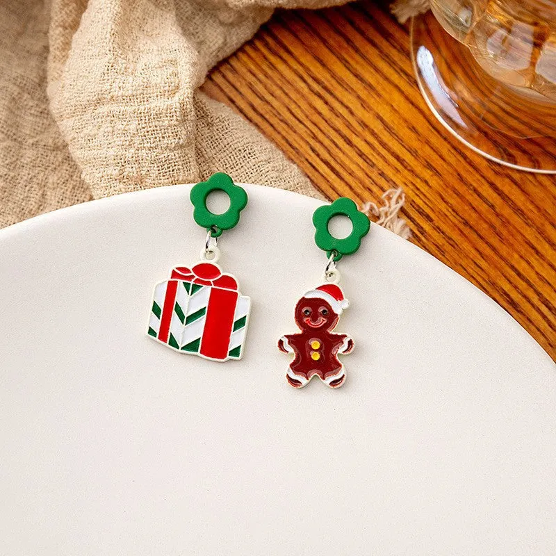 Wholesale Silver Needle Christmas Elk Bell Bow Santa Claus Love Snowflake Asymmetrical Earrings