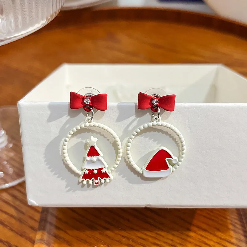 Wholesale Silver Needle Christmas Elk Bell Bow Santa Claus Love Snowflake Asymmetrical Earrings