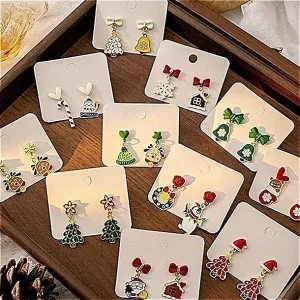Wholesale Silver Needle Christmas Elk Bell Bow Santa Claus Love Snowflake Asymmetrical Earrings