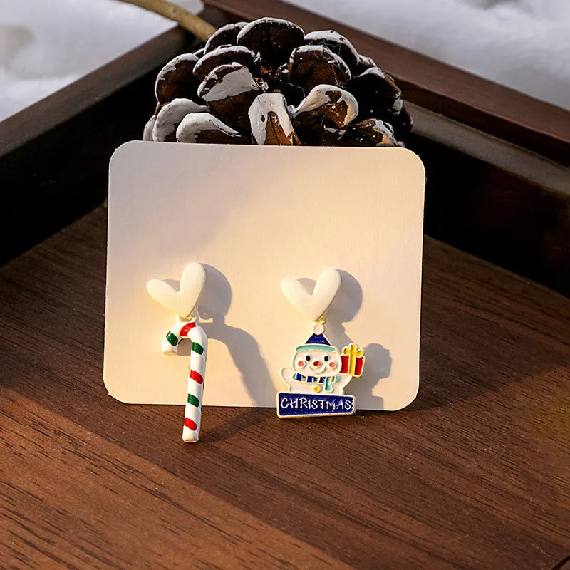 Wholesale Silver Needle Christmas Elk Bell Bow Santa Claus Love Snowflake Asymmetrical Earrings