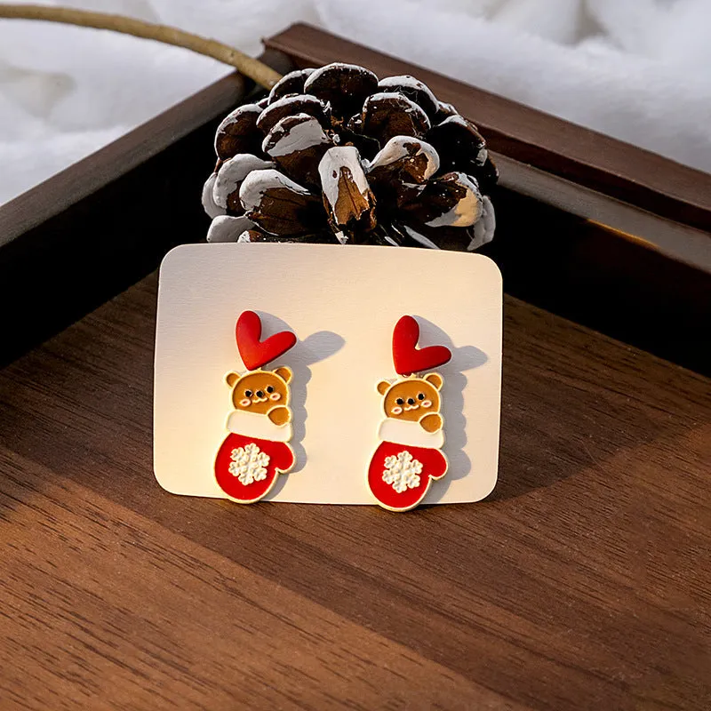 Wholesale Silver Needle Christmas Elk Bell Bow Santa Claus Love Snowflake Asymmetrical Earrings