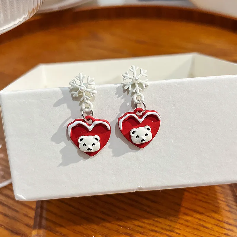 Wholesale Silver Needle Christmas Elk Bell Bow Santa Claus Love Snowflake Asymmetrical Earrings