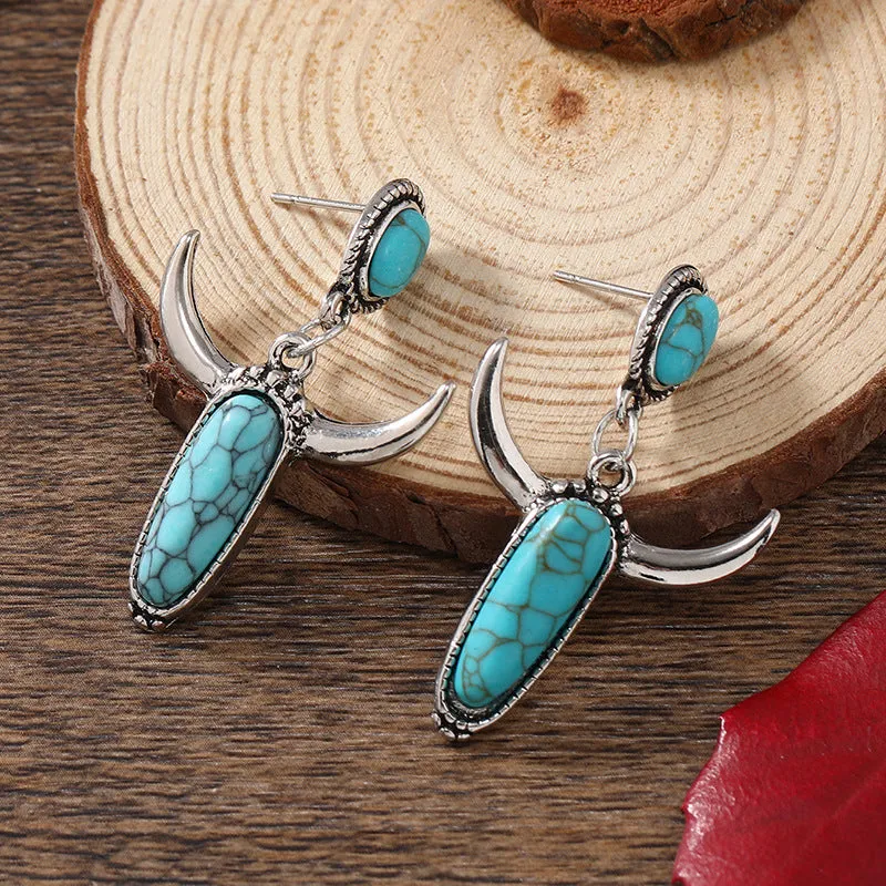 Wholesale Silver-plated Turquoise Ox-head-shaped Vintage Earrings