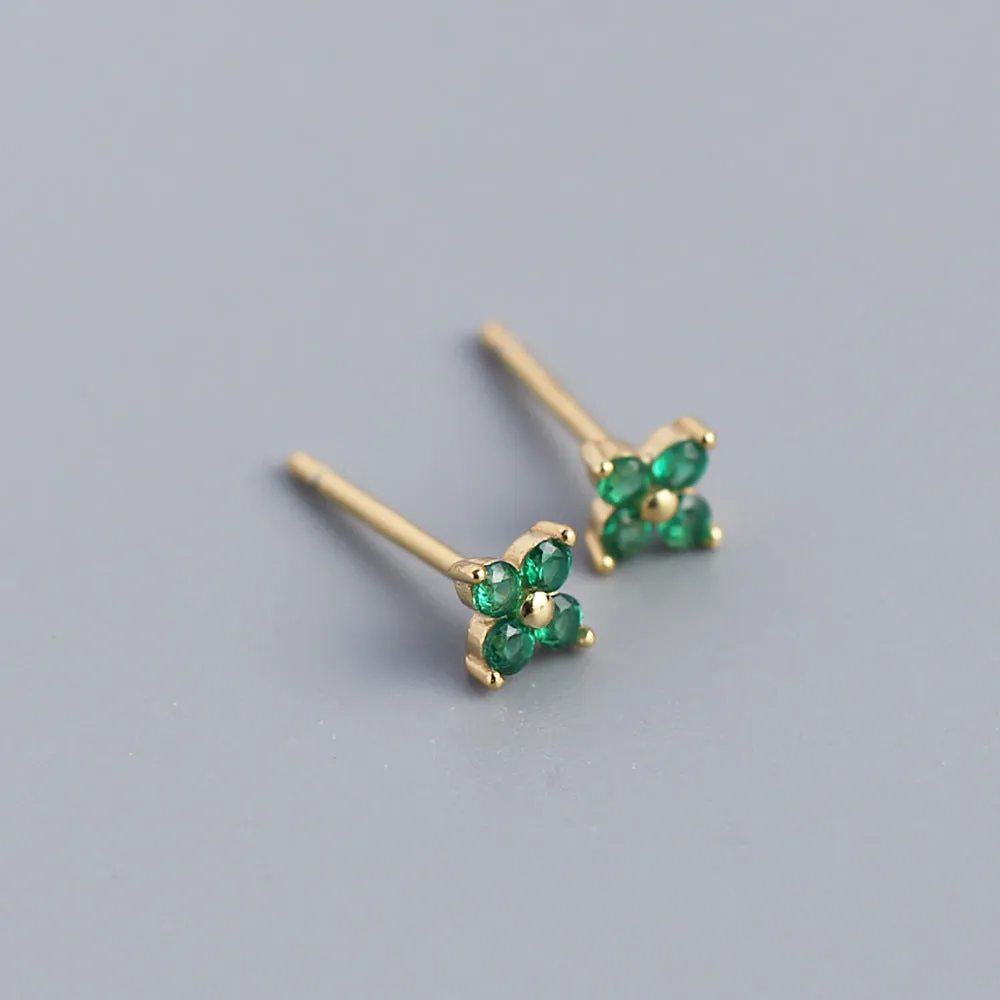 Wholesale Simple Diamond S925 Silver Four-leaf Flower Sweet Small Colorful Flower Earrings