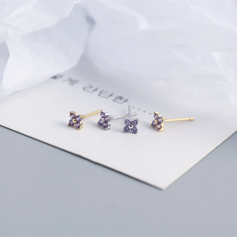 Wholesale Simple Diamond S925 Silver Four-leaf Flower Sweet Small Colorful Flower Earrings