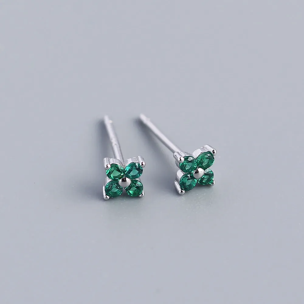 Wholesale Simple Diamond S925 Silver Four-leaf Flower Sweet Small Colorful Flower Earrings