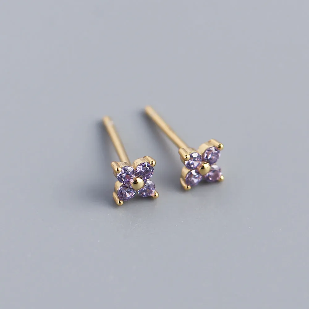 Wholesale Simple Diamond S925 Silver Four-leaf Flower Sweet Small Colorful Flower Earrings