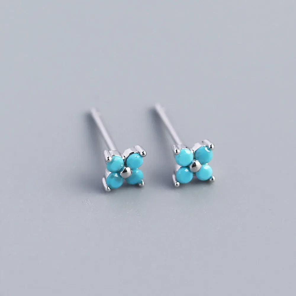 Wholesale Simple Diamond S925 Silver Four-leaf Flower Sweet Small Colorful Flower Earrings