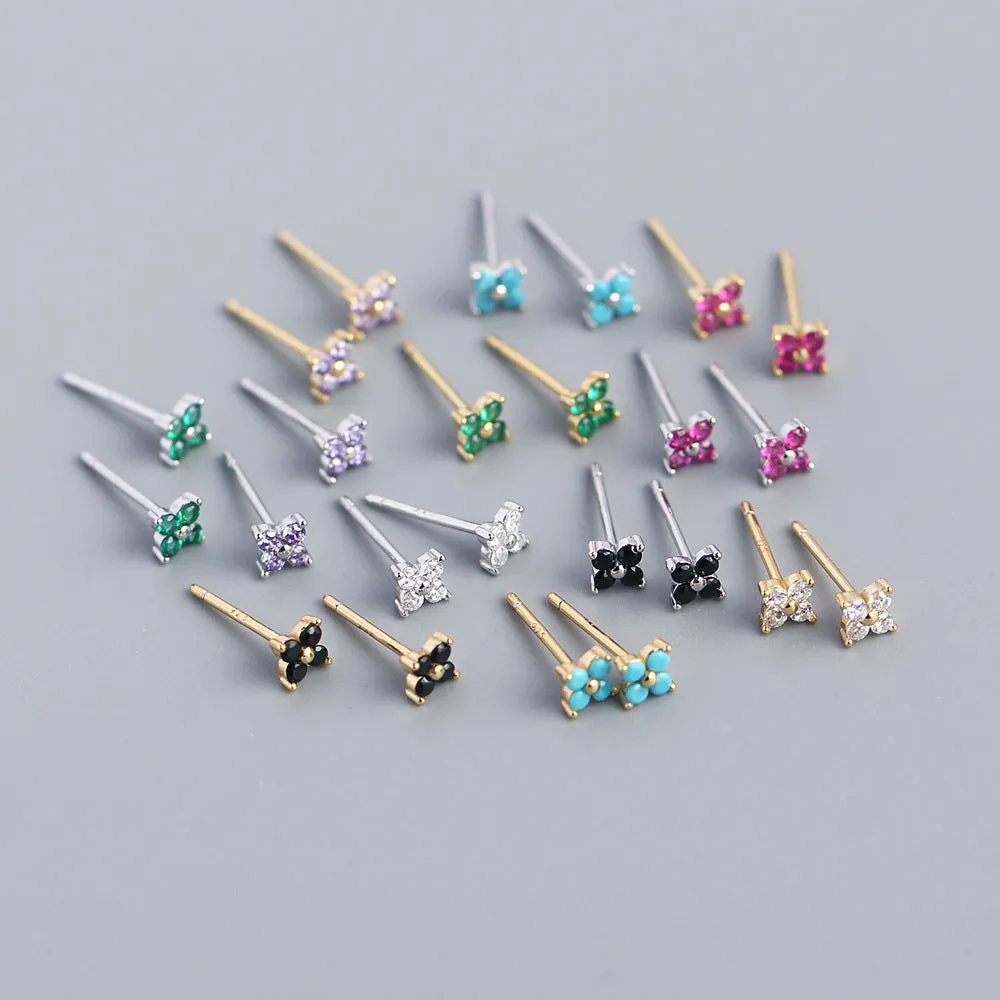 Wholesale Simple Diamond S925 Silver Four-leaf Flower Sweet Small Colorful Flower Earrings