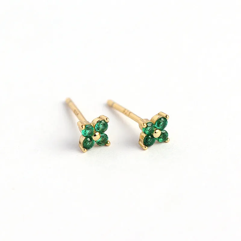 Wholesale Simple Diamond S925 Silver Four-leaf Flower Sweet Small Colorful Flower Earrings