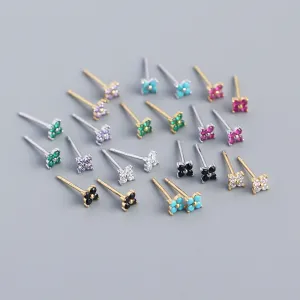 Wholesale Simple Diamond S925 Silver Four-leaf Flower Sweet Small Colorful Flower Earrings