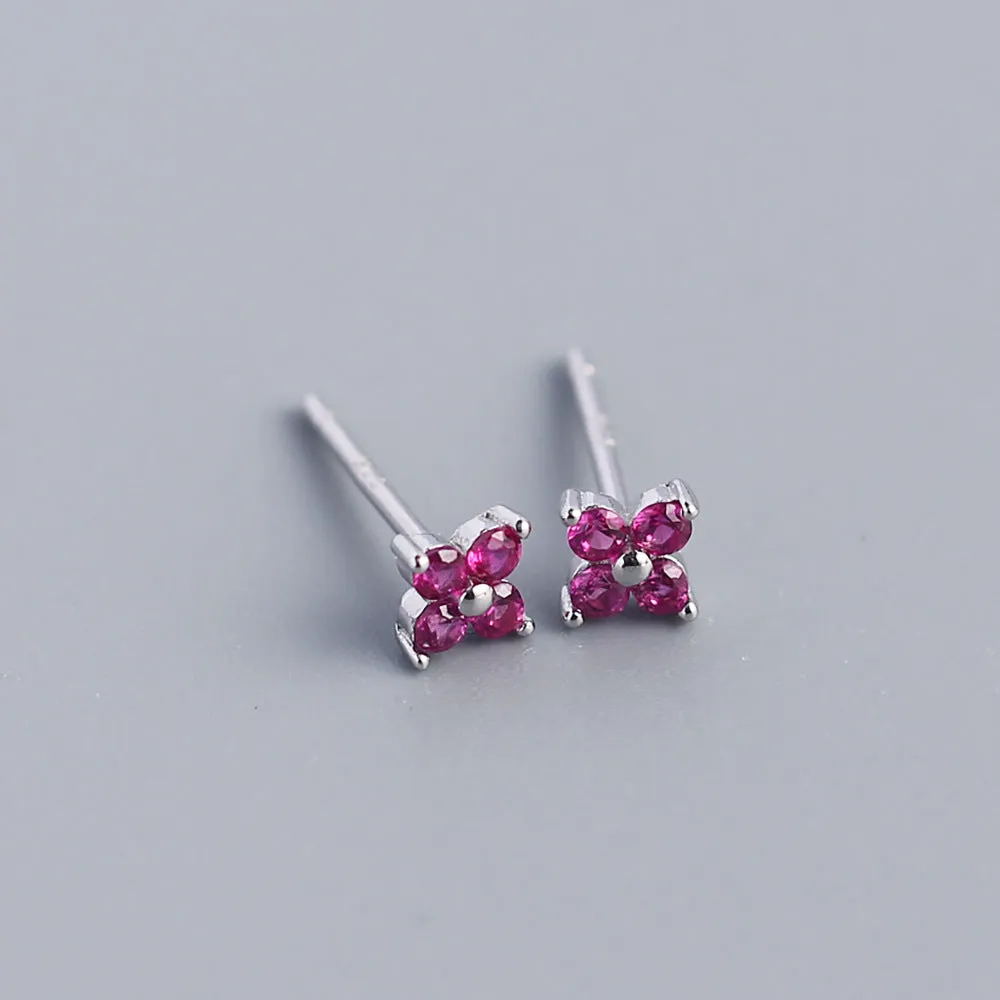 Wholesale Simple Diamond S925 Silver Four-leaf Flower Sweet Small Colorful Flower Earrings