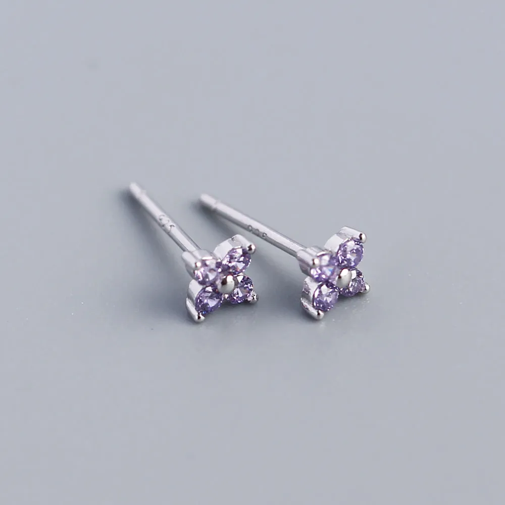 Wholesale Simple Diamond S925 Silver Four-leaf Flower Sweet Small Colorful Flower Earrings