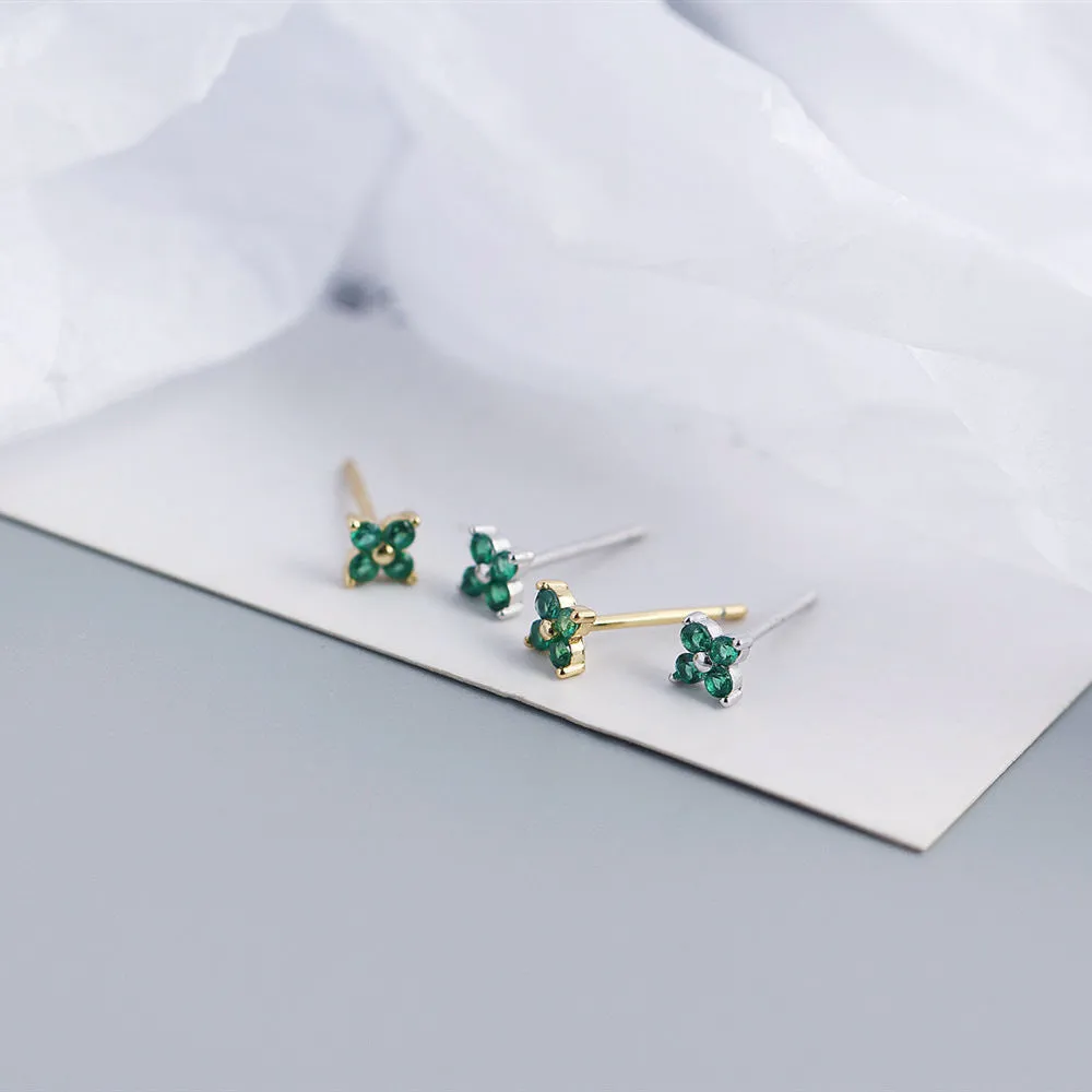Wholesale Simple Diamond S925 Silver Four-leaf Flower Sweet Small Colorful Flower Earrings