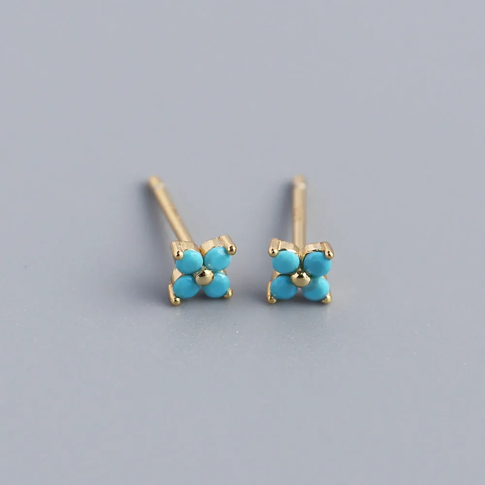 Wholesale Simple Diamond S925 Silver Four-leaf Flower Sweet Small Colorful Flower Earrings