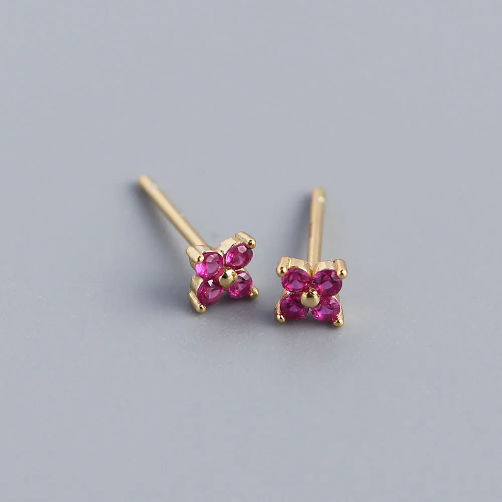 Wholesale Simple Diamond S925 Silver Four-leaf Flower Sweet Small Colorful Flower Earrings
