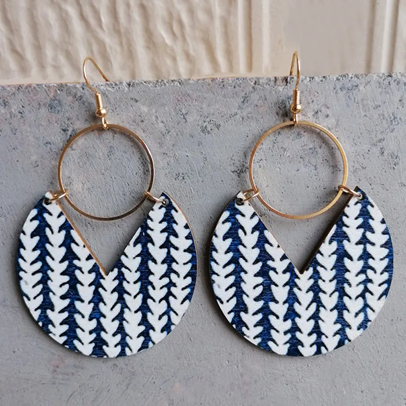 Wholesale Simple Fashion Blue Dyed Print Bohemian Geometric Stripes Stitching Earrings