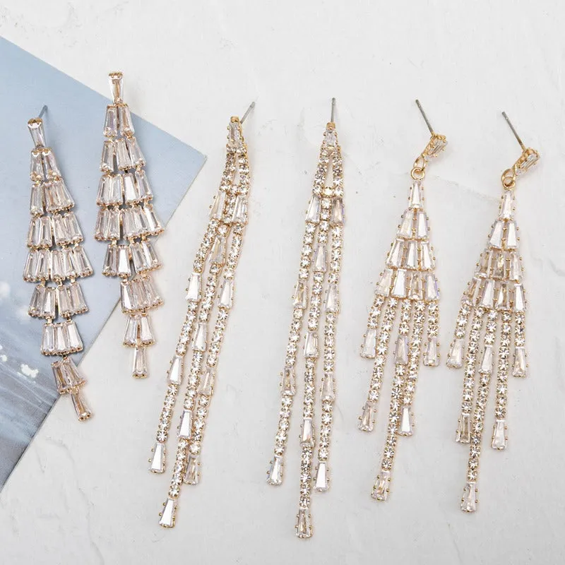 Wholesale Simple Zircon Trapezoid Dangling Tassel Rhinestone Gold-plated Claw Chain Earrings