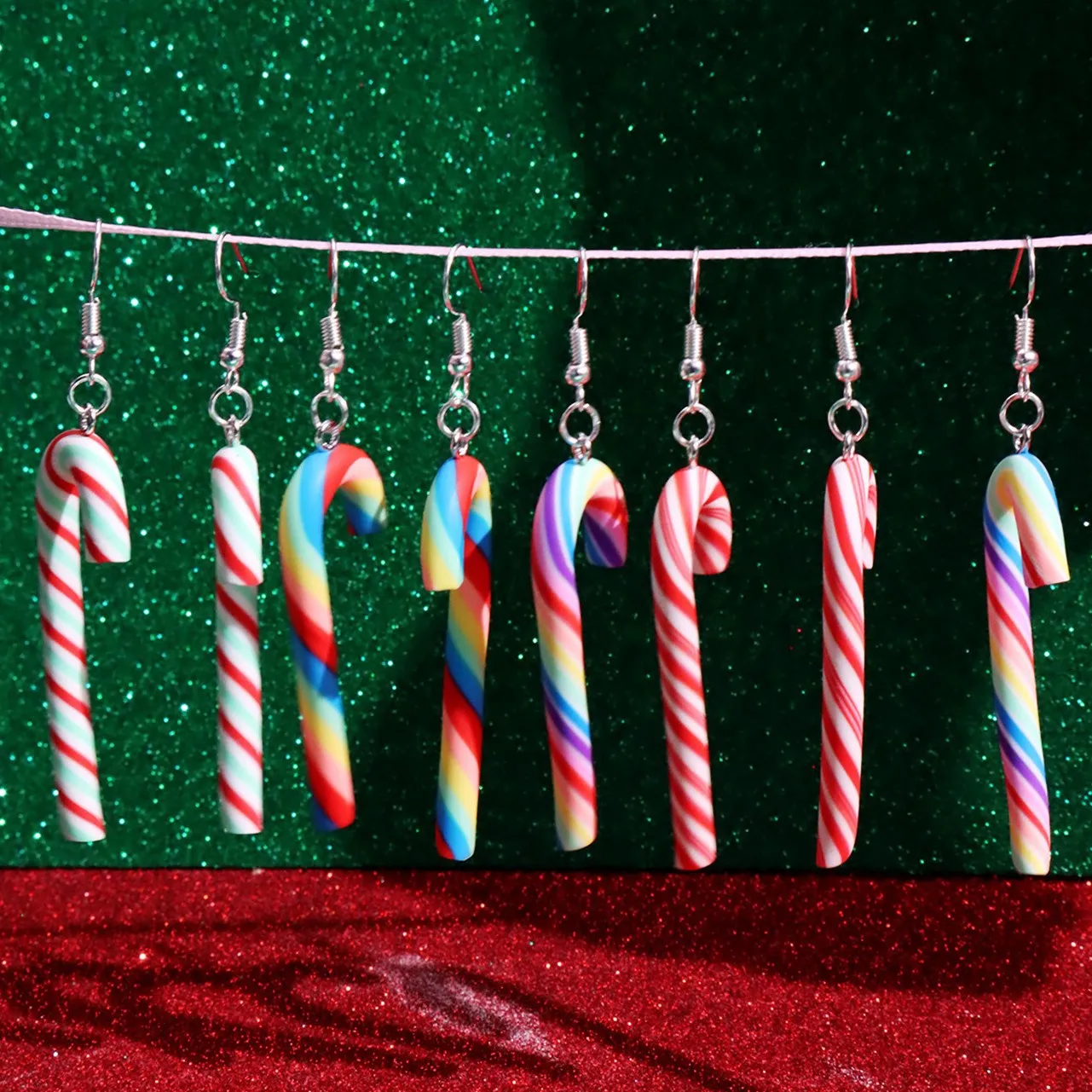 Wholesale Simulation Soft Pottery Large Cane Candy Christmas Rainbow Stripe Rainbow Candy Pendant Earrings