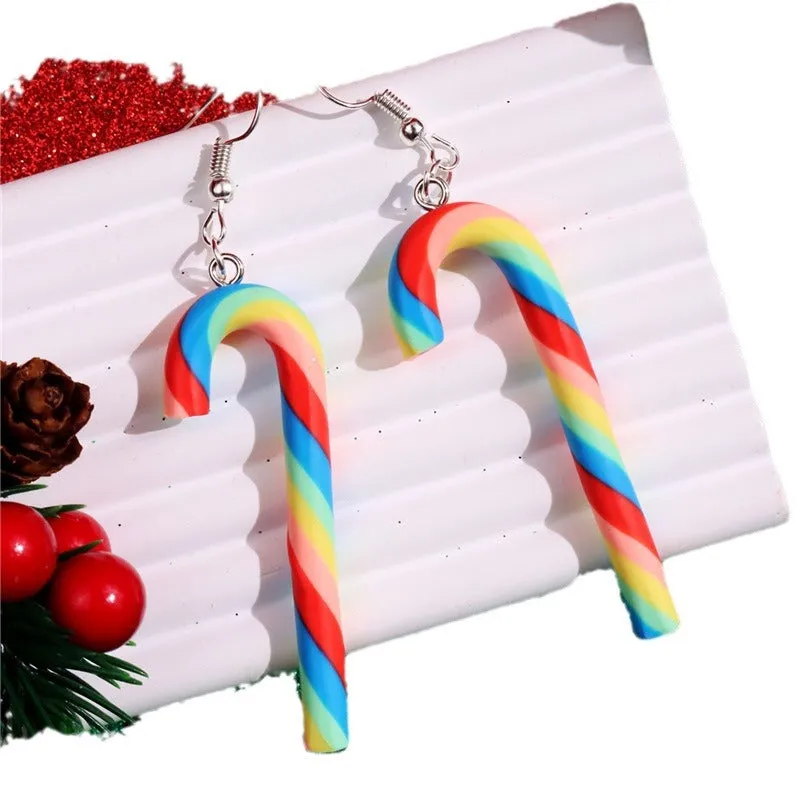 Wholesale Simulation Soft Pottery Large Cane Candy Christmas Rainbow Stripe Rainbow Candy Pendant Earrings