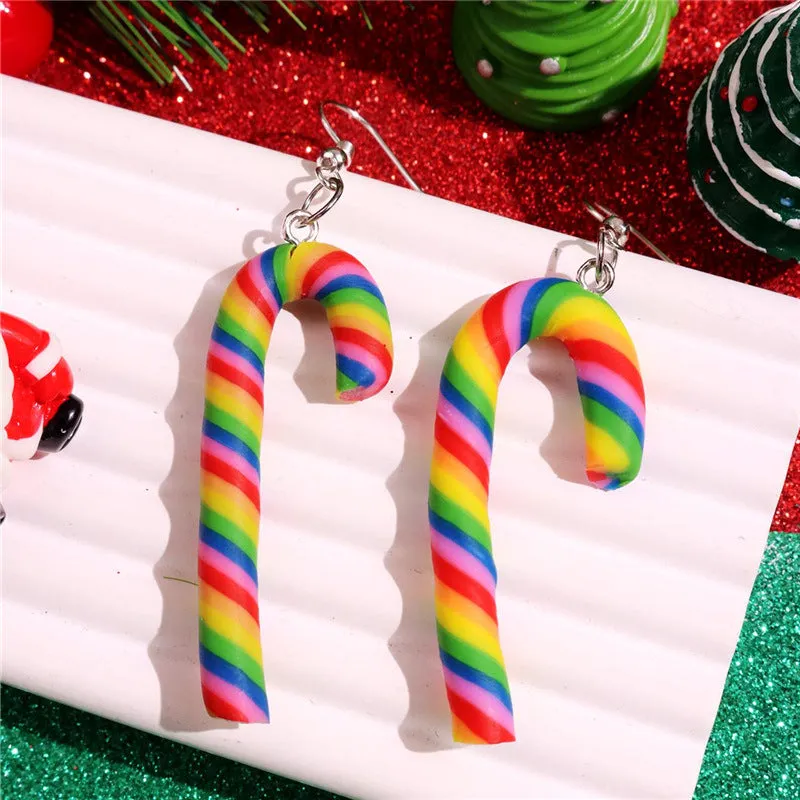 Wholesale Simulation Soft Pottery Large Cane Candy Christmas Rainbow Stripe Rainbow Candy Pendant Earrings