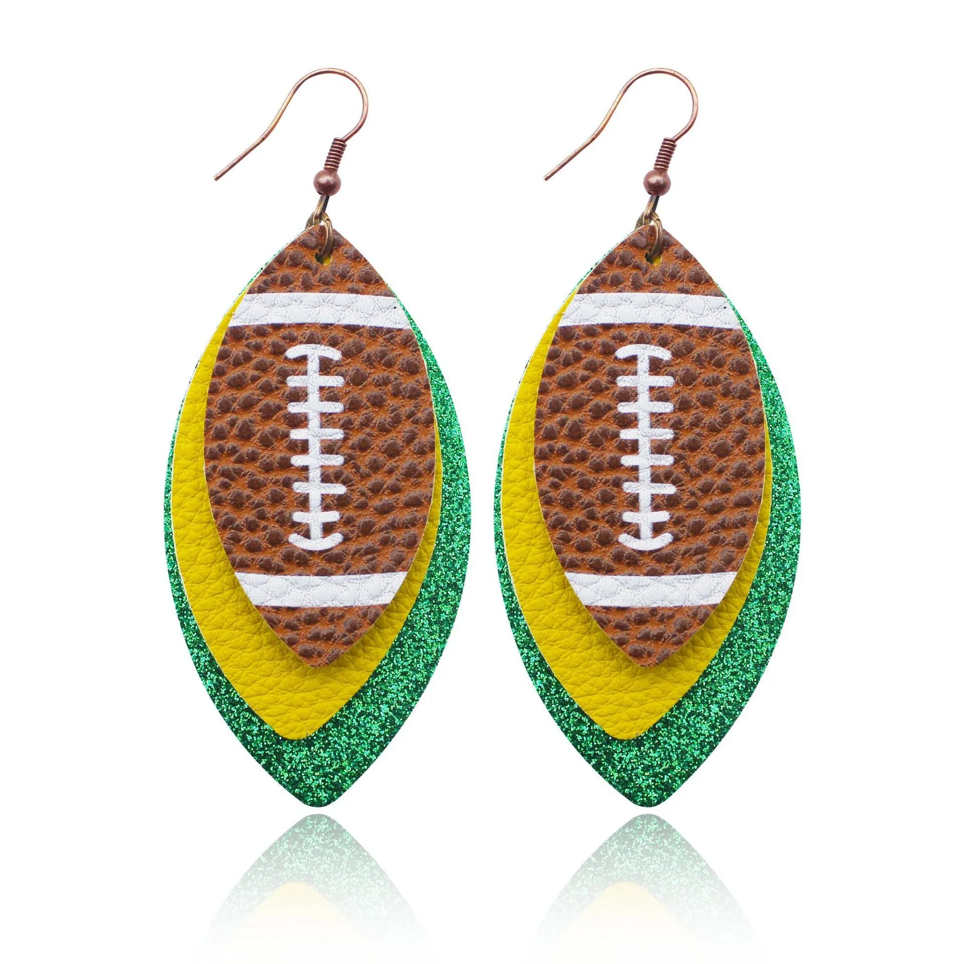 Wholesale Sports Style Rugby Brown Leopard Print Leaf Three-layer Leather Dot Diamond Rugby Earrings