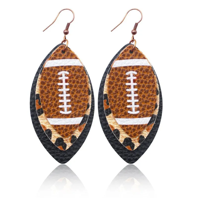 Wholesale Sports Style Rugby Brown Leopard Print Leaf Three-layer Leather Dot Diamond Rugby Earrings
