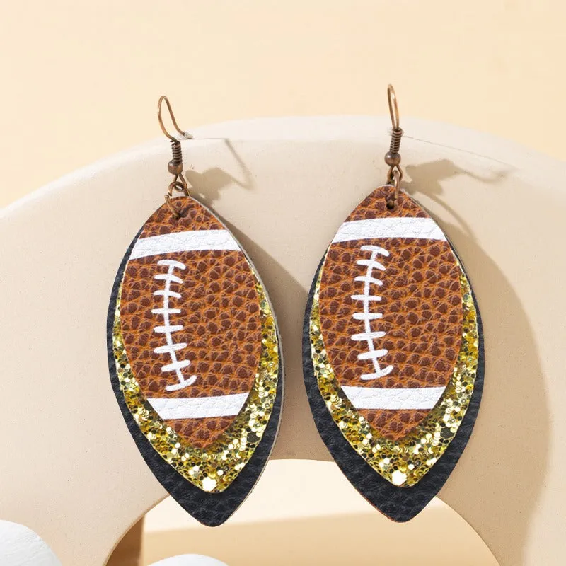 Wholesale Sports Style Rugby Brown Leopard Print Leaf Three-layer Leather Dot Diamond Rugby Earrings