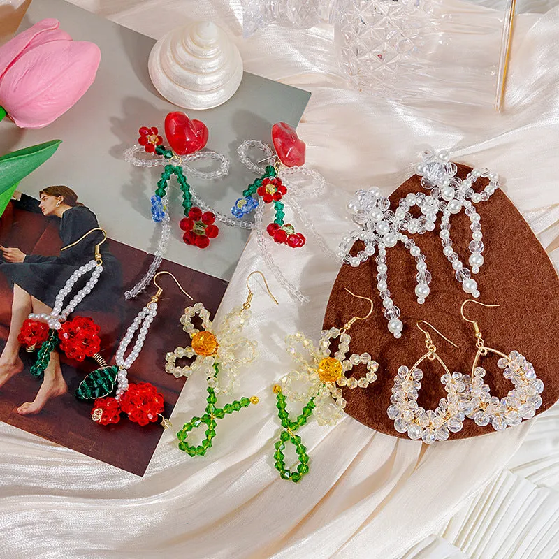 Wholesale Spring and summer colorful flower earrings handmade crystal beaded braided long earrings