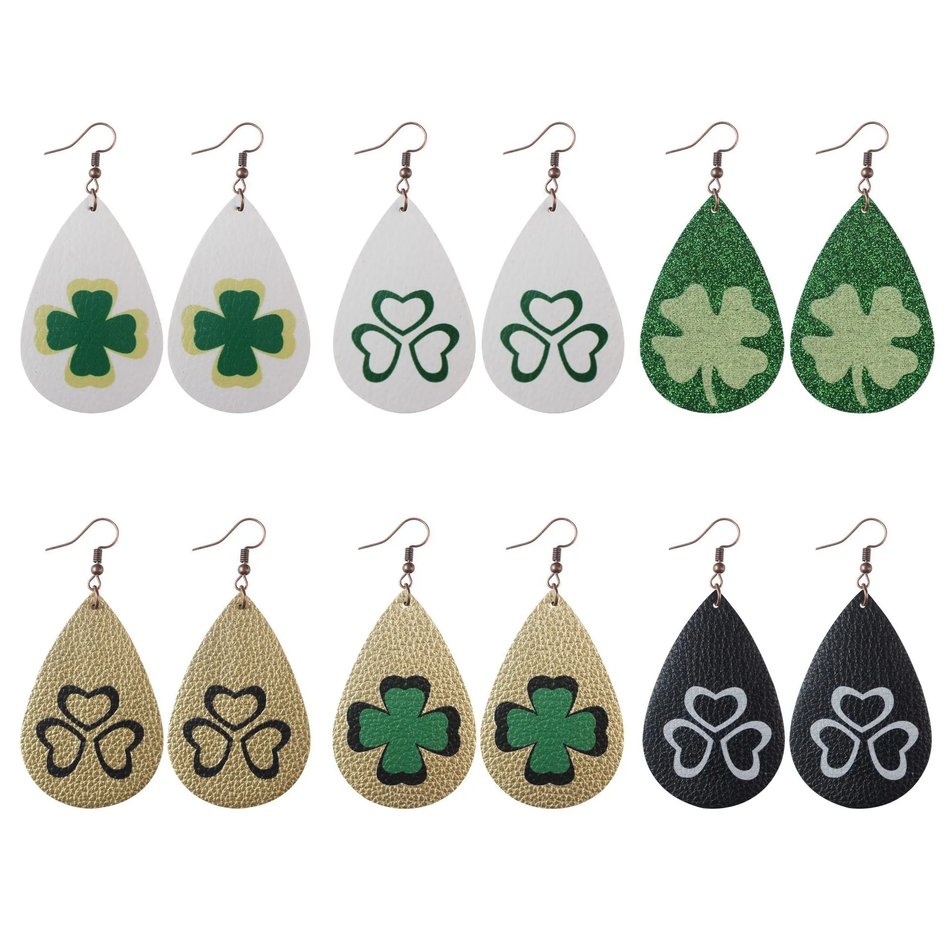 Wholesale St. Pa Festival Clover Leather Printed PU Earrings Drops Earrings