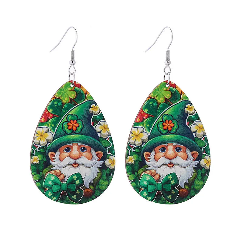 Wholesale St. Parcret festival Green lucky grass rainbow hat beard Irish wooden earrings